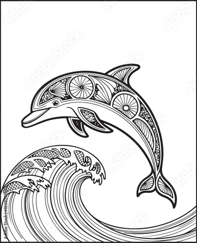 Animal coloring page for adults, Hand drawn dolphin with doodle and ornamental detailed line art vector illustration for anti stress coloring book design elements
