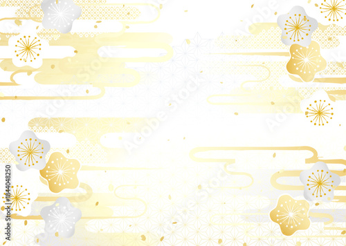 金銀の梅の花と日本の伝統模様を組み合わせた着物のような華やかなベクター背景イラスト