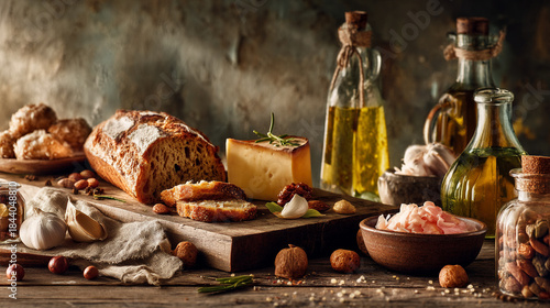 Still life of olive oil with garlic, spices, fresh bread, and vegetables on a rustic table