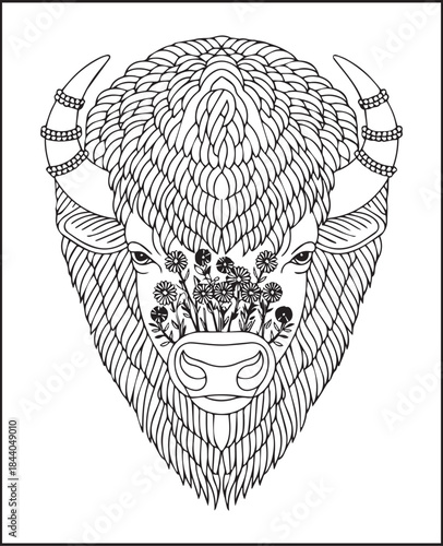 Animal coloring page for adults, Hand drawn highland cow with doodle and ornamental detailed line art vector illustration for anti stress coloring book design elements