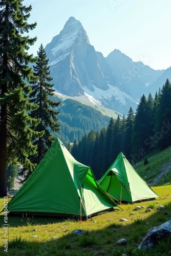 Green canvas tents pitched between towering evergreens, mountain backdrop, vacation, green tent