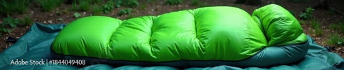 Green sleeping bag neatly packed in a gray camping backpack , blue, rock, adventure