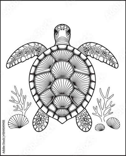 Animal coloring page for adults, Hand drawn tortoise with doodle and ornamental detailed line art vector illustration for anti stress coloring book design elements