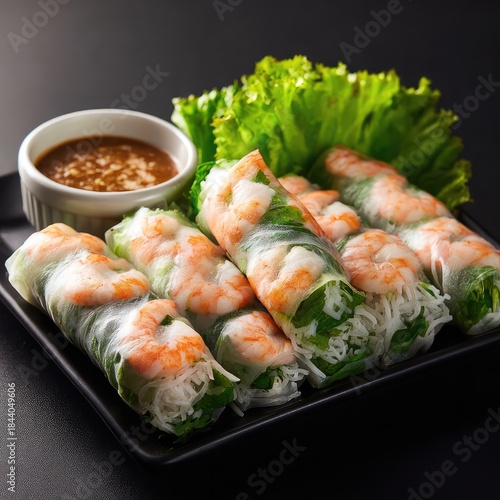 Delicious fresh vietnamese summer rolls with shrimp served on a white plate transparent