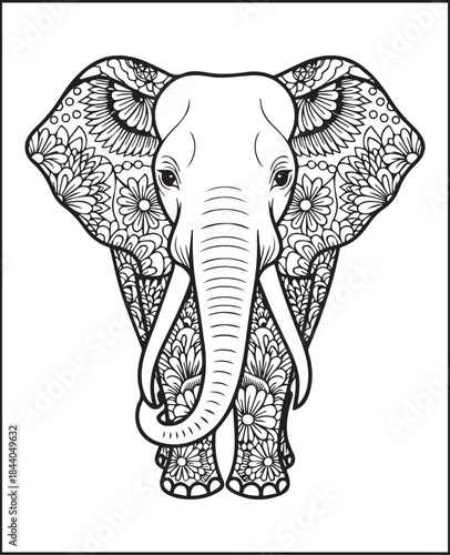 Animal coloring page for adults, Hand drawn elephant with doodle and ornamental detailed line art vector illustration for anti stress coloring book design elements