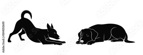 Playful and resting dog silhouettes side by side, showcasing canine postures in a simple graphic design