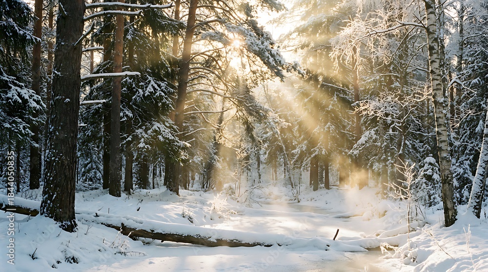 Naklejka premium Golden Sunbeams Pierce Snowy Winter Forest Trees in a Serene Frozen Landscape