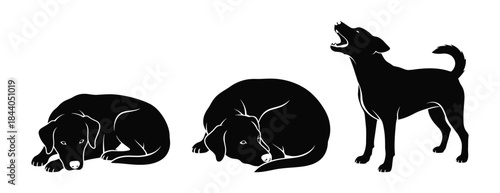 Silhouettes of Dogs in Different Poses Sleeping, Curled, and Howling