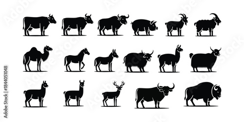 Diverse Hoofed Animal Silhouettes Collection Vector Graphics of Farm, Domestic, and Wild Mammals