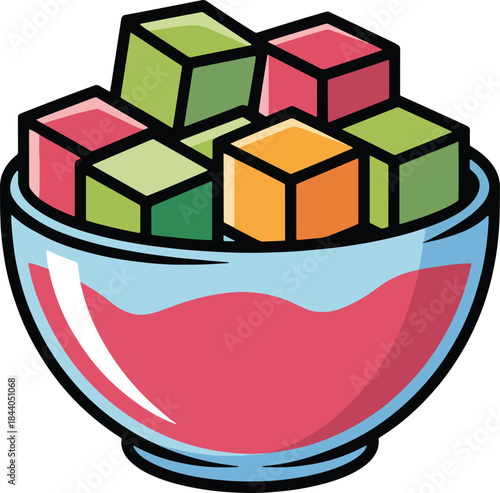 A colorful cartoon bowl filled with assorted cube-shaped candies in red, green, and orange hues against a clean white background.