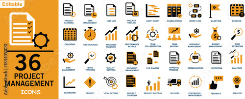 36 Project Management Icons Set with Planning Tasks Analytics Charts Timeline Team Workflow and Business Strategy Symbols for Mobile Apps Dashboards UI UX and Web Design