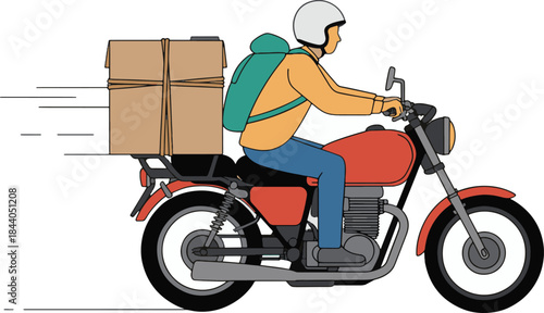 A delivery person riding a motorcycle with cardboard boxes on the back, wearing a green backpack and helmet, in a dynamic motion with motion lines, against a clean white background with a