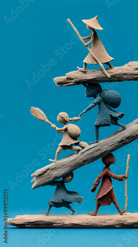 Wallpaper Mural Whimsical Figures Climbing Wooden Log Ladder on Blue Background Torontodigital.ca