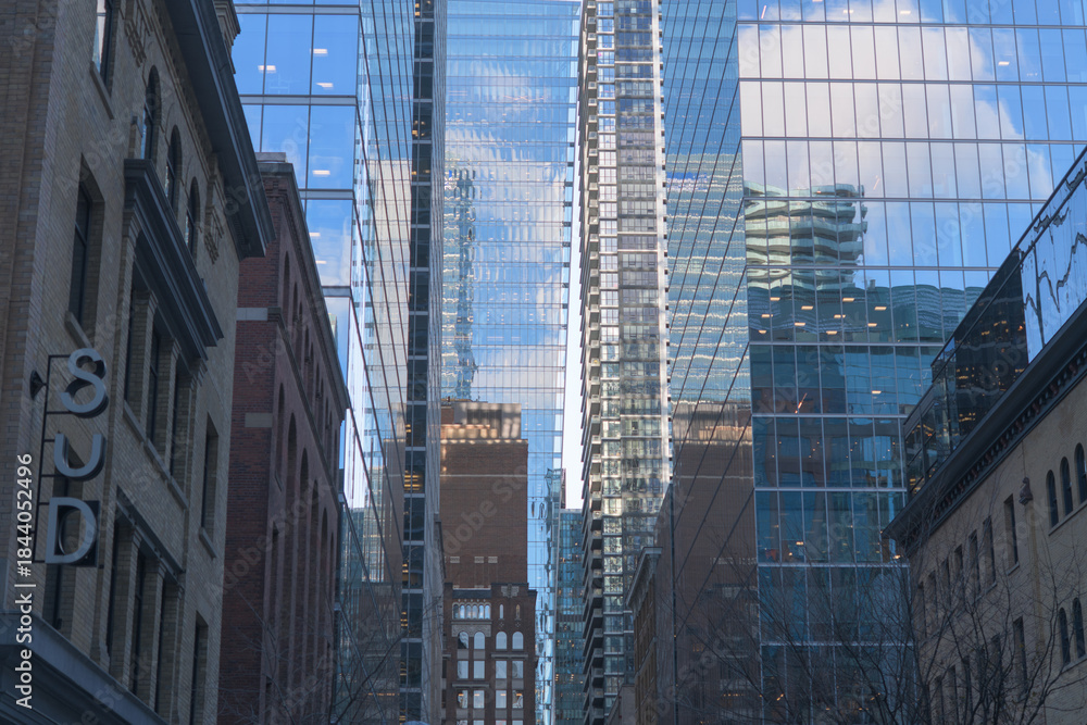 Naklejka premium looking west on Temperance St from Yonge St, incl sign outside Sud Forno, a restaurant, located at 132 Yonge St, Toronto