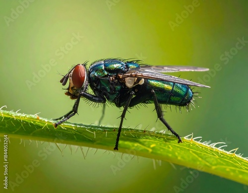 Detailed macro photograph of a metallic green blowfly on a vibrant green leaf