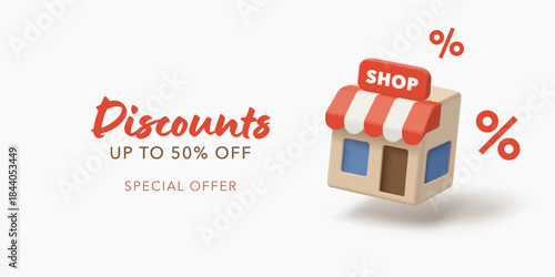 Banner with a store building and percentages, 3D. For concepts of discounts, holiday sales, promotional offers. Web banner. Vector illustration.