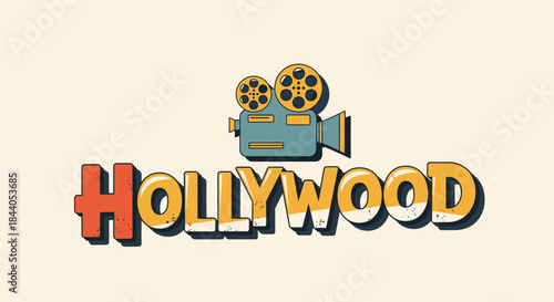 Retro Hollywood film camera and stylized text logo on a light background, representing the movie industry and entertainment culture.