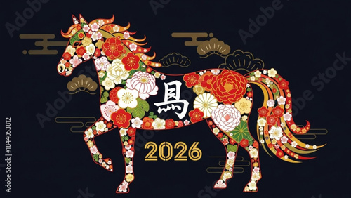 Floral horse illustration with Japanese calligraphy for the year 2026 symbolizing good fortune and prosperity perfect for New Year celebrations