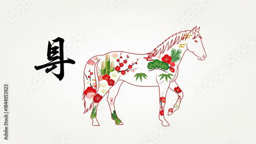 Chinese zodiac horse illustration filled with floral elements and traditional symbols representing good fortune and prosperity for Lunar New Year