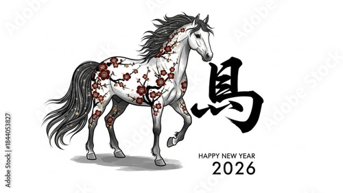 Elegant horse illustration with floral patterns and Chinese calligraphy symbolizing the Year of the Horse for New Year greetings and cultural designs