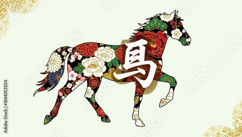 Japanese horse illustration with floral patterns and kanji symbol traditional art for New Year and cultural themes isolated on light background