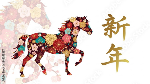 Decorative horse silhouette filled with colorful floral patterns symbolizing Chinese New Year and prosperity perfect for festive greeting cards and cultural designs