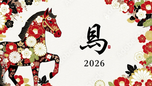 Traditional Japanese horse illustration with floral patterns symbolizing the Year of the Horse 2026 perfect for festive New Year greetings and cultural designs