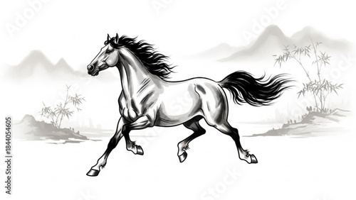Dynamic ink wash painting of a galloping horse traditional Chinese art style symbolizing power and freedom suitable for cultural themes and decorative art