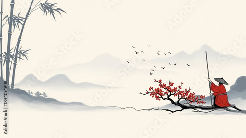 Zen monk fishing by a blooming cherry blossom tree with bamboo and misty mountains in the background traditional ink wash painting style serene landscape for meditation and mindfulness