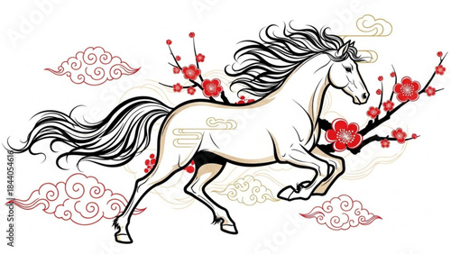 Elegant white horse running with blooming cherry blossoms and traditional clouds a symbol of strength and prosperity in Asian art perfect for festive designs