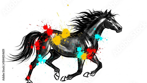 Dynamic black horse with vibrant paint splatters representing freedom and energy perfect for artistic or abstract concepts