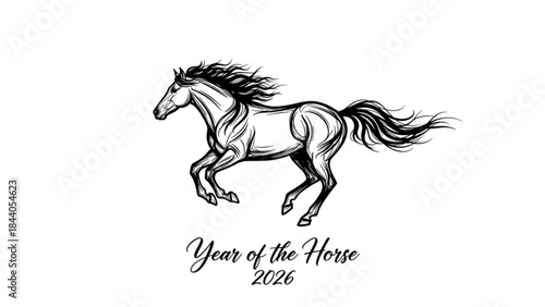 Dynamic black and white illustration of a galloping horse symbolizing the Year of the Horse 2026 perfect for graphic design and cultural celebrations