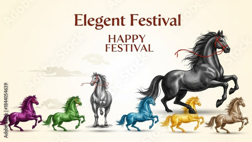 Collection of elegant horses in vibrant colors representing a happy festival and celebration ideal for decorative elements and graphic design