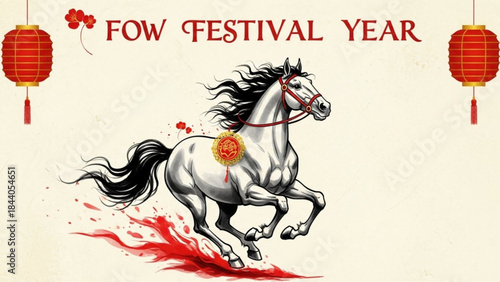 Majestic white horse galloping with red accents and Chinese lanterns symbolizing power and good fortune for the Year of the Horse festival