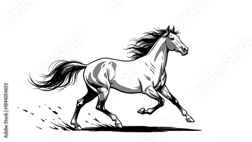 Dynamic illustration of a galloping horse in motion black and white sketch style perfect for equestrian themes and sports graphics