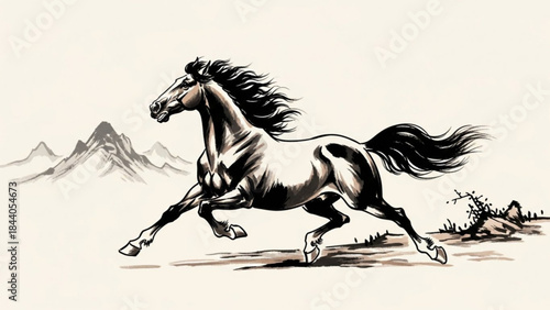 Dynamic ink wash painting of a galloping horse traditional Chinese art style conveying power and freedom suitable for cultural or artistic projects