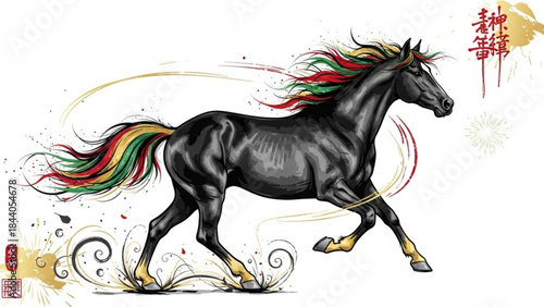 Majestic black horse with colorful mane and tail galloping with dynamic brush strokes and gold accents representing power and freedom in artistic illustration