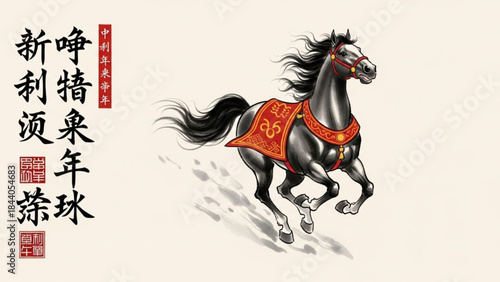 Majestic black horse in traditional Chinese ink wash style galloping with a decorative saddle symbolizing power and good fortune for the Lunar New Year