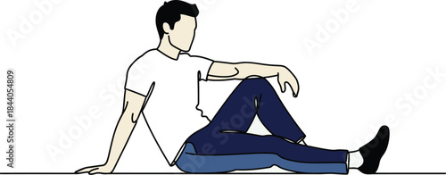 A man sitting on the floor with one leg bent and arm extended in a relaxed pose