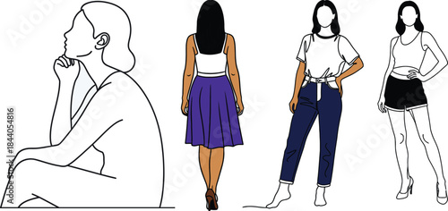 Four women in different poses and outfits in line art style