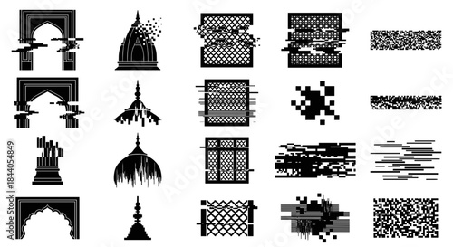 Glitching architectural and geometric elements collection vector illustration