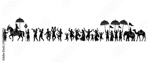 Indian groom and wedding party procession line art illustration