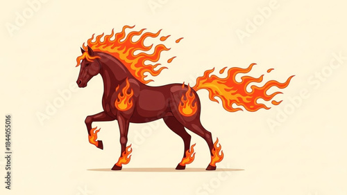 Fiery horse illustration a mythical creature with flames for mane and tail symbolizing power and energy isolated on a light background
