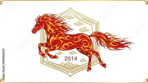 Fiery horse illustration with traditional Chinese cloud patterns and the year 2014 symbolizing power and good fortune for design