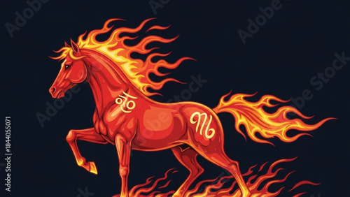 Fiery zodiac horse with astrological symbols representing passion and power ideal for horoscope or fantasy themes