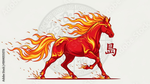 Fiery red horse illustration symbolizing power and speed with flames in its mane and tail set against a subtle zodiac background with Chinese character perfect for cultural or mythical themes