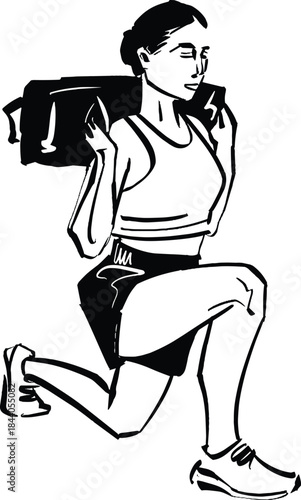 vector illustration of the woman getting lunges with a sandbag on her back