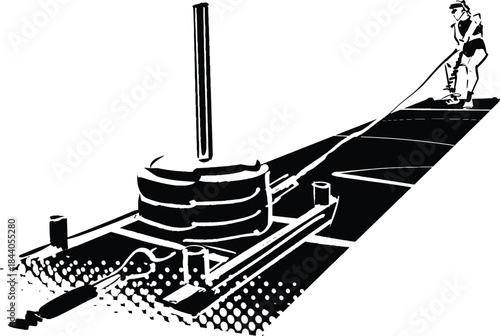 The female athlete is getting a weighted sled pull