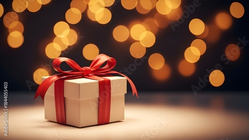 Wallpaper Mural A beautifully wrapped gift box with a red ribbon on a festive background with bokeh lights Torontodigital.ca