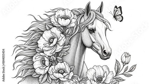 Detailed line art illustration of a horse head adorned with blooming flowers and a butterfly perfect for coloring pages fantasy art and decorative designs